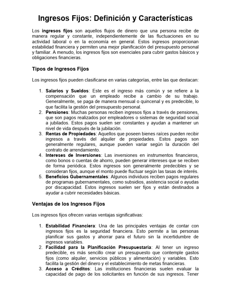 Ingresos Fijos: Tipos y Ventajas | PDF | Presupuesto | Ahorro