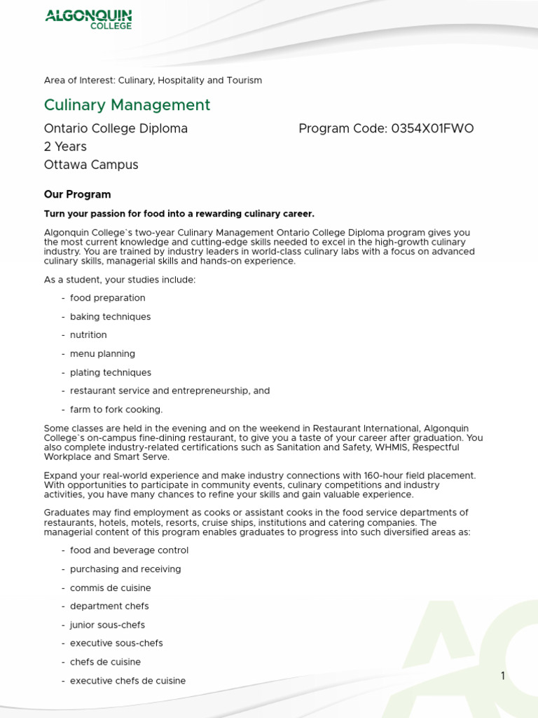 Culinary Management Diploma Program | PDF | Chef | General Educational ...