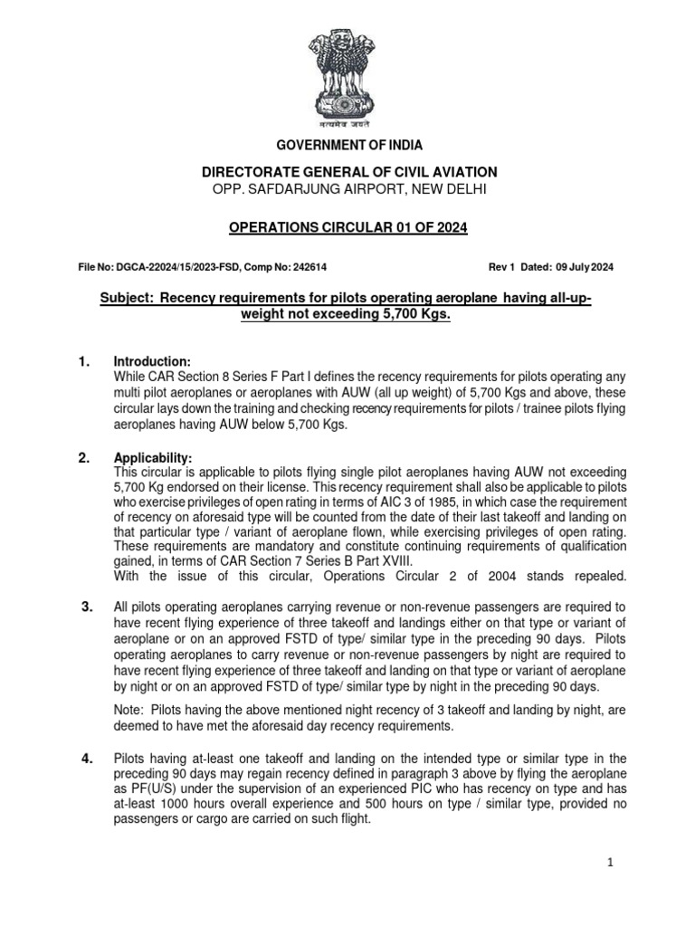 DGCA Recency Requirements for Pilots | PDF | Flight Instructor | Transport