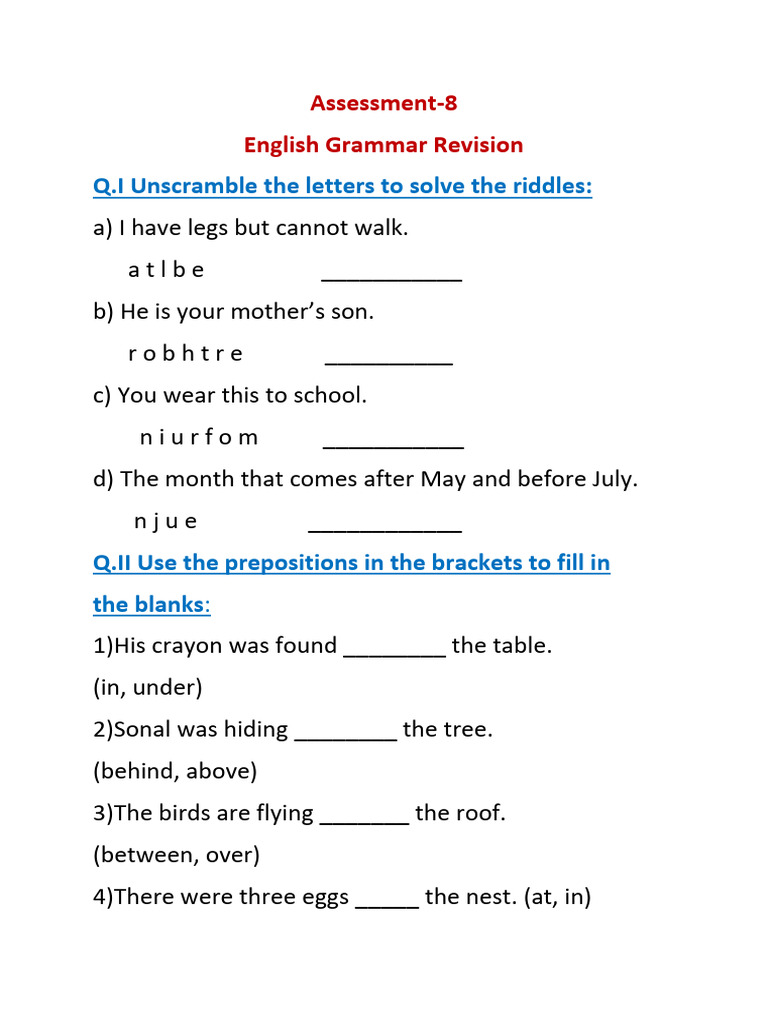 Eng Grammar Revision Assessment-8 | PDF | Language Arts & Discipline ...