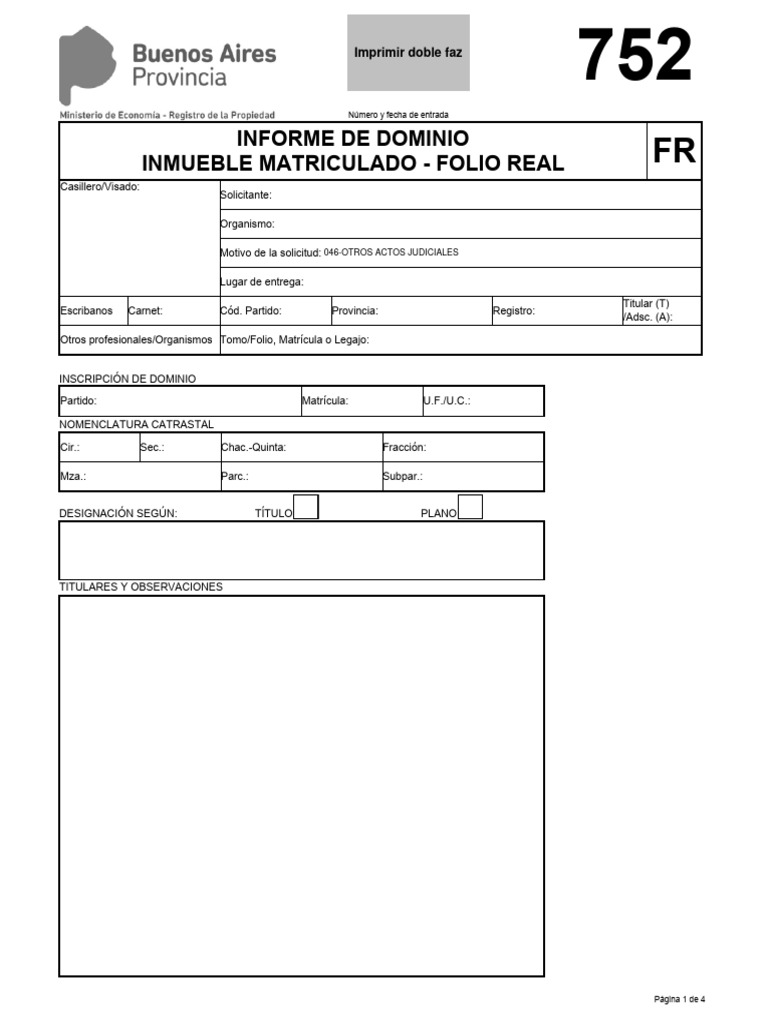 Informe de Dominio - Formulario 752 | PDF
