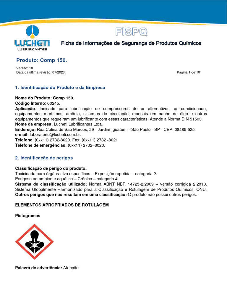 FISPQ Comp 150 - Lubrificante Lucheti | PDF | Solubilidade | Águas ...