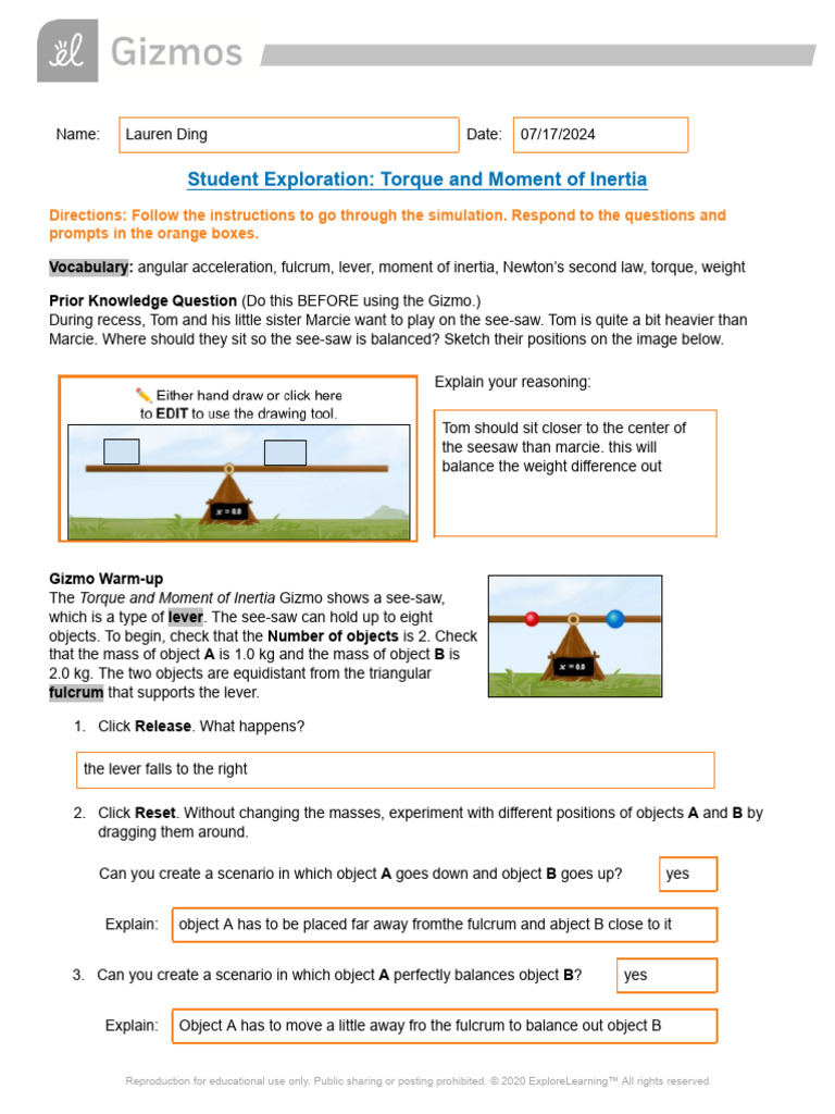 Torque and Momentof Inertia Lab - Lauren Dinh | PDF | Torque | Force