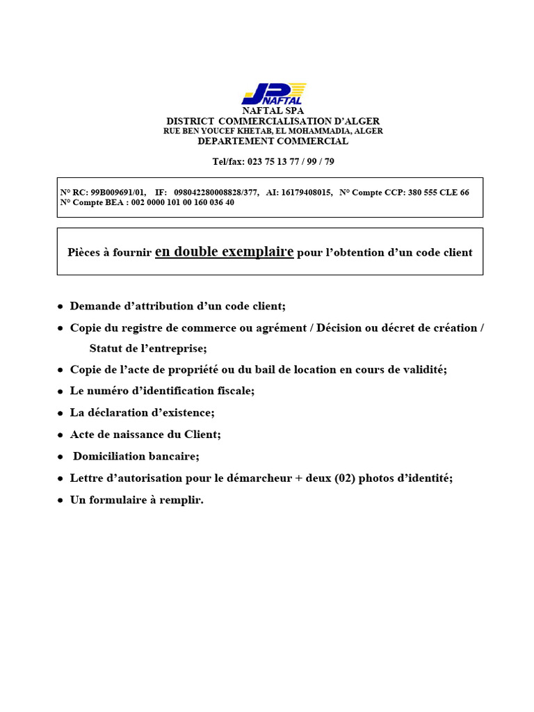Demande de code client Naftal | PDF