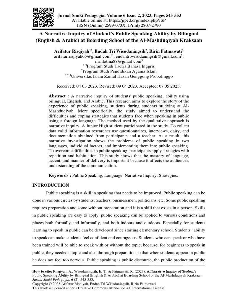 A Narrative Inquiry of Students Public Speaking A | PDF | Speech ...