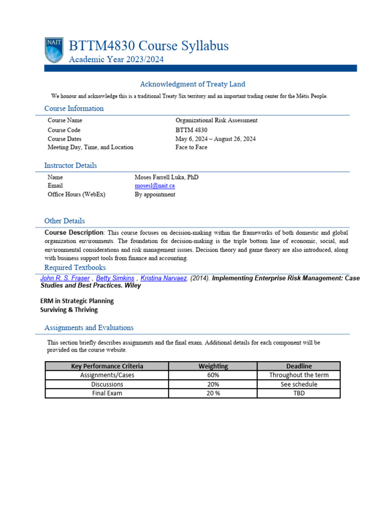 Course syllabus bttm 4830 spring 2024 m pdf risk risk management