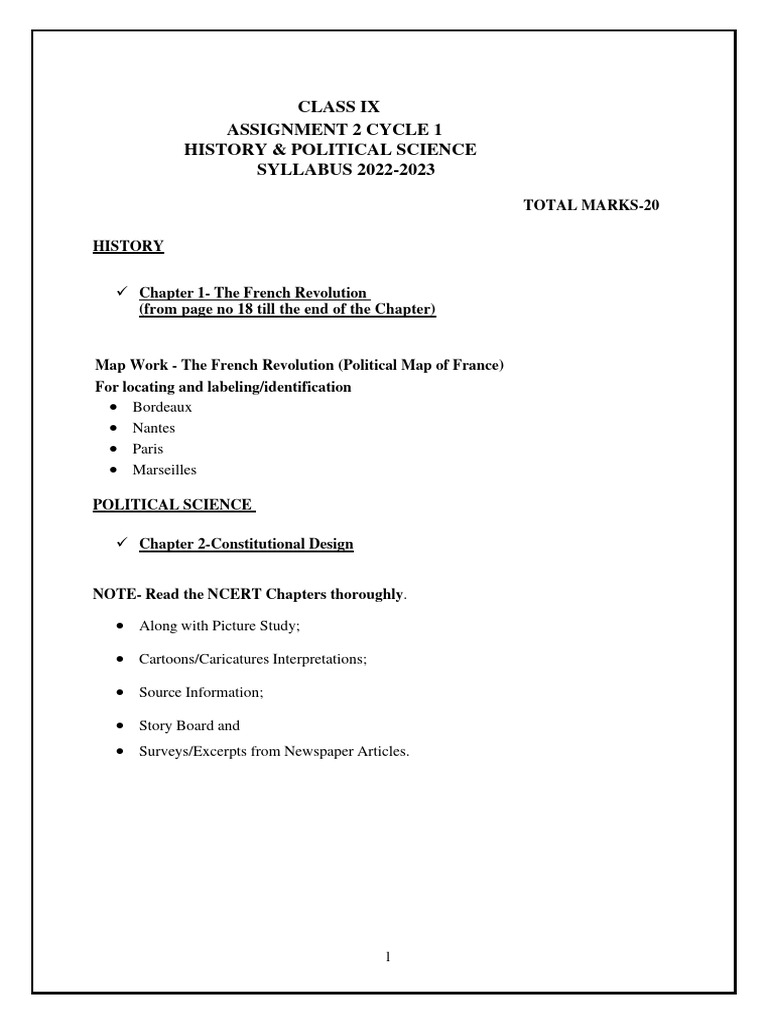 Class IX-History & Pol Science-Assignment 2 Cycle 1 Syllabus (2022-23 ...