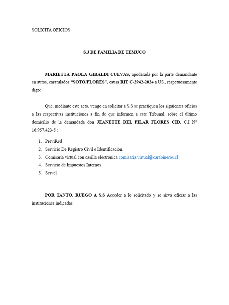 Solicitud de Oficios en Causa Familiar | PDF