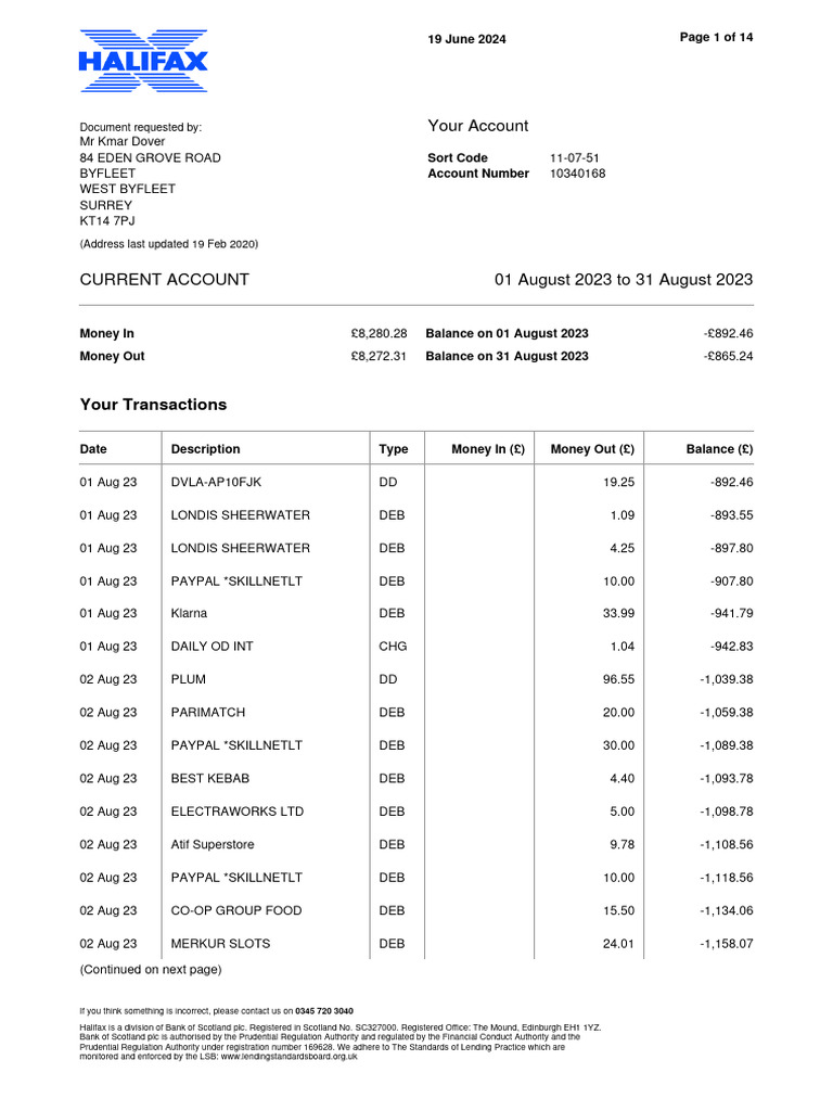 Halifax Current Account Statement | PDF | Banks | Money