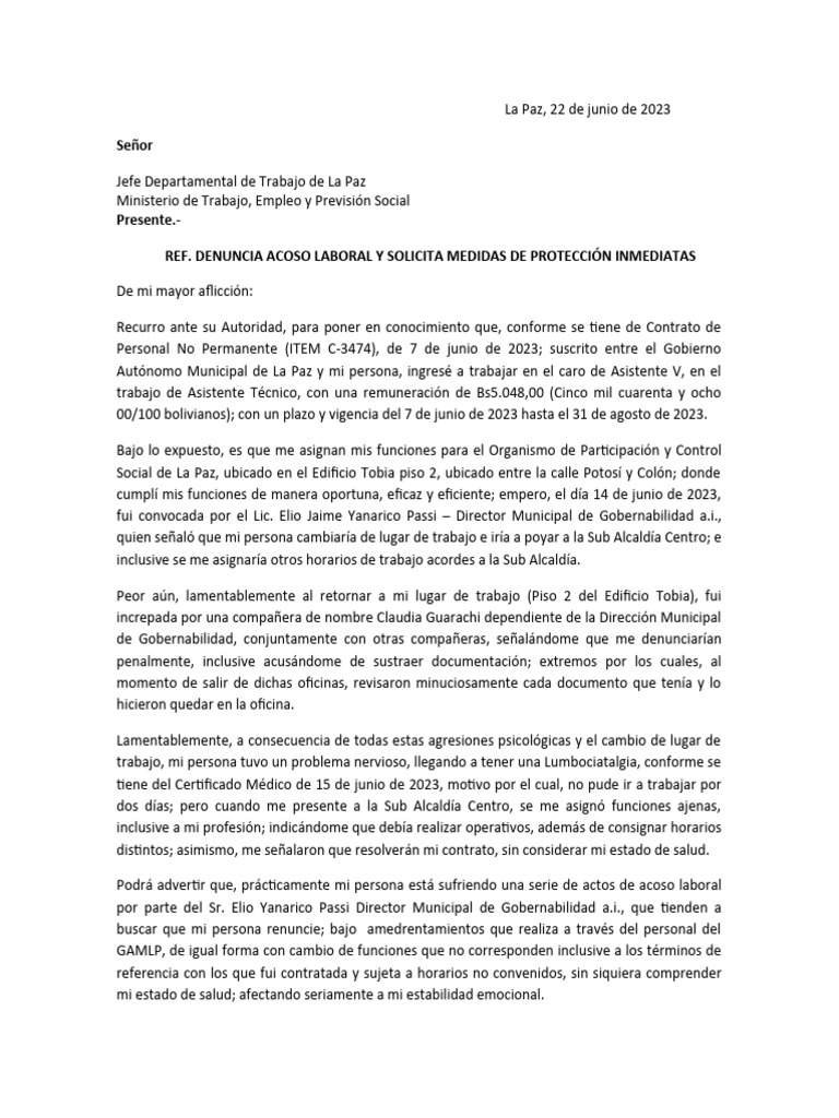 Denuncia de Acoso Laboral en La Paz | PDF