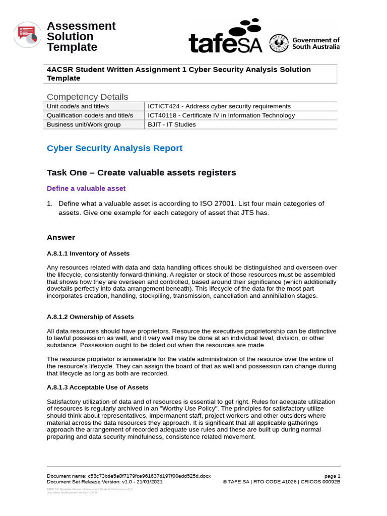 ICTICT424 ASDS Written Assignment 1 Cyber Security Analysis Solution ...