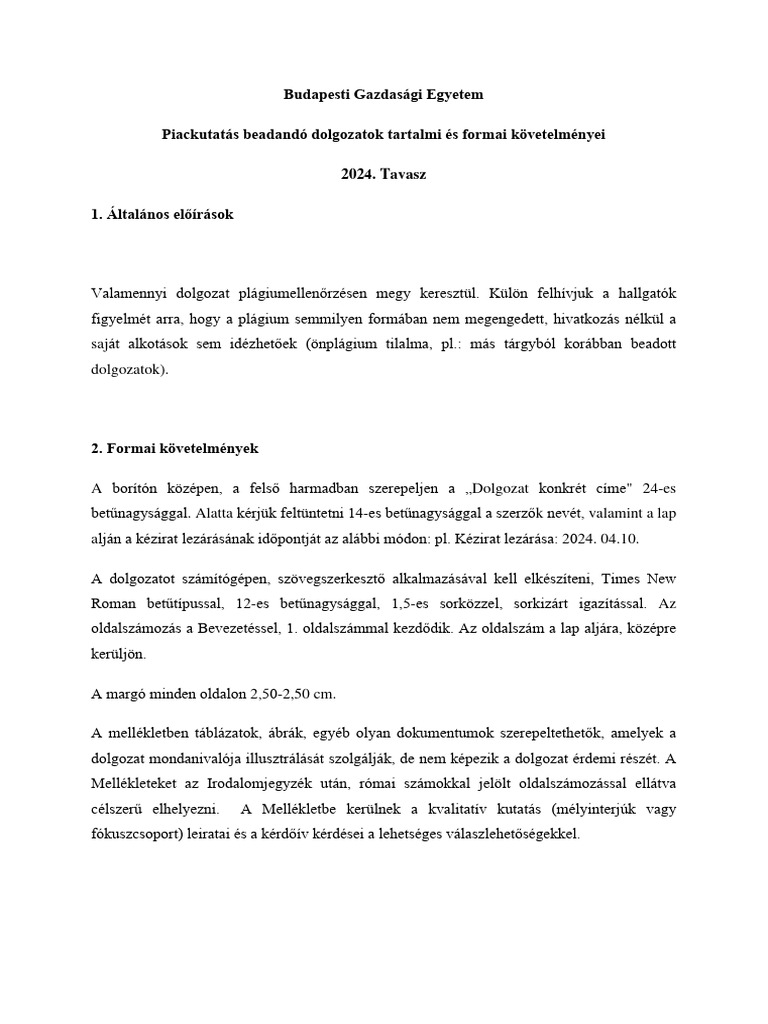 Formai És Tartalmi Követelmények - Piackutatás - 2024 | PDF