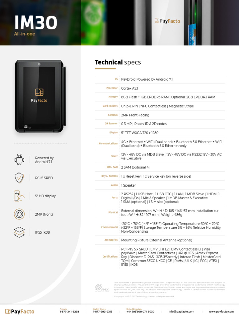 PAX IM30 Technical Specifications Guide | PDF | Emv | Computer Hardware