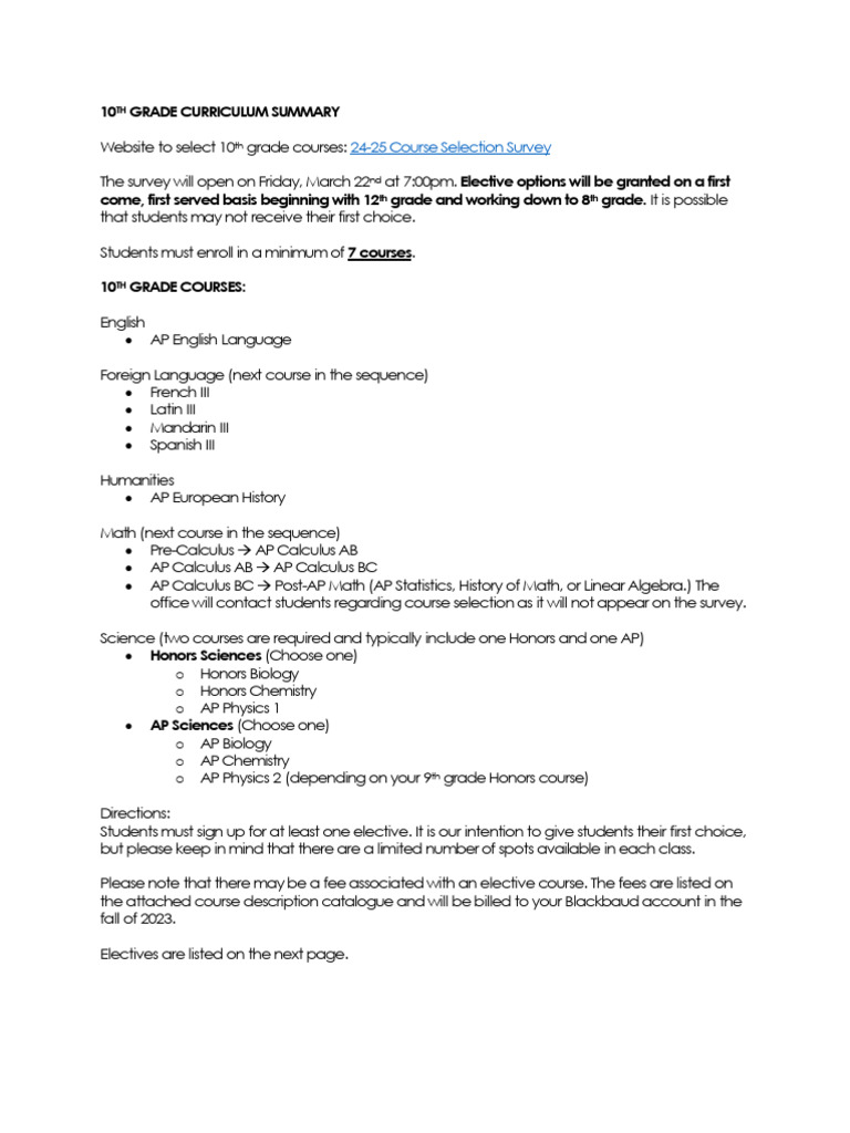 24.25 10th Grade Course Selection Information | PDF | Advanced ...