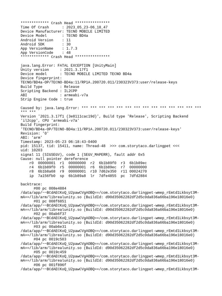 TECNO BD4a Unity Crash Report | PDF | Android (Operating System ...