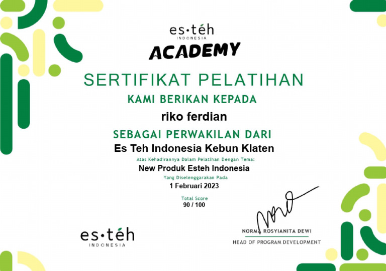 Sertifikat Esteh Academy | PDF