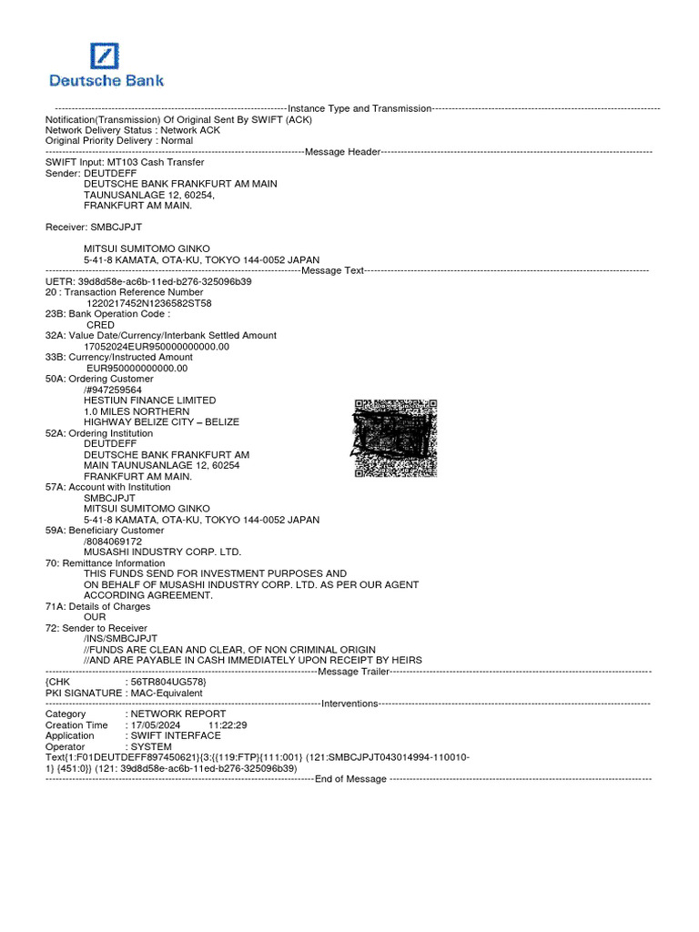 MT103 Cash Transfer 950b-New Black Screen-Hestiun Finance Ltd-Häber &  Rezzouq Gmbh-May 17,.2024 | PDF | Banks | Banking Technology
