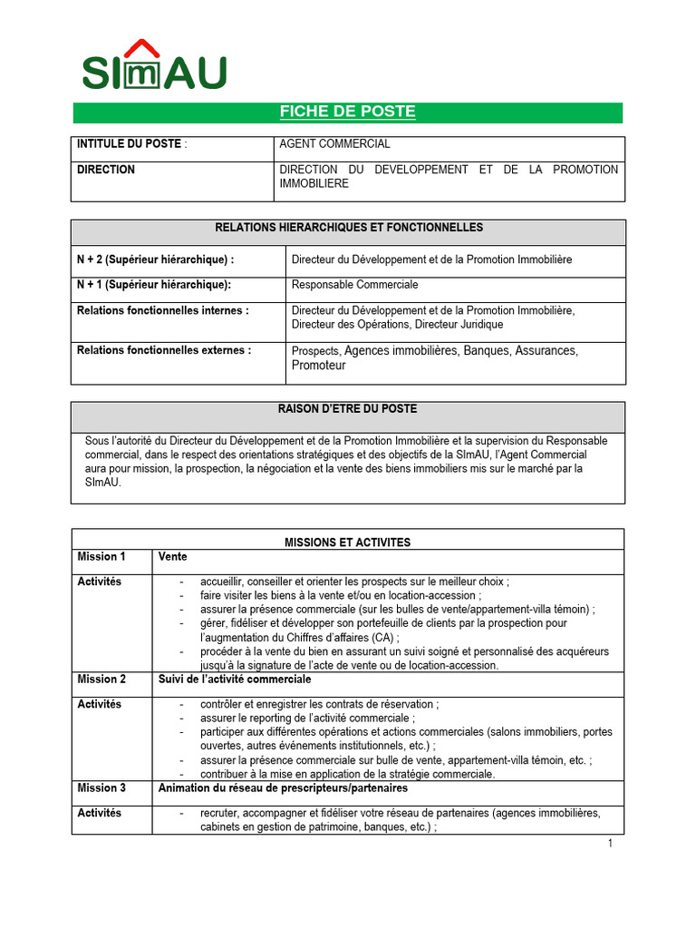 Fiche de Poste : Agent Commercial Immobilier | PDF | Sodles | Banques