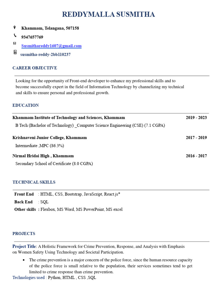 Reddymalla Susmitha Resume | PDF | Patient | Computing
