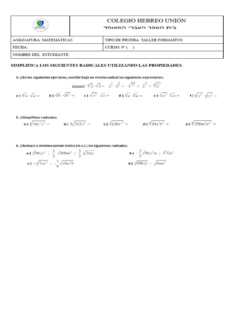 Taller 2 Propiedades De La Radicación 9 Pdf
