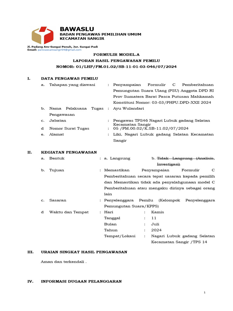 Laporan Pengawasan Pemilu 2024 Kecamatan Sangir | PDF
