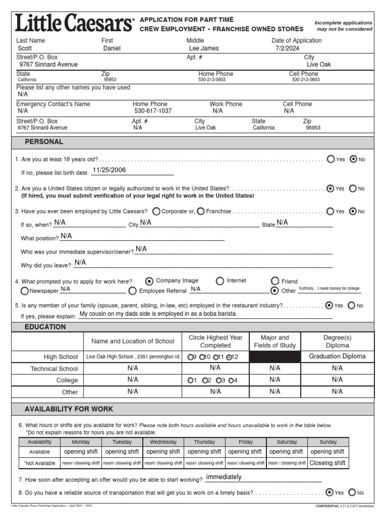 Part-Time Crew Employment Application | PDF | Civil Rights Act Of 1964 ...