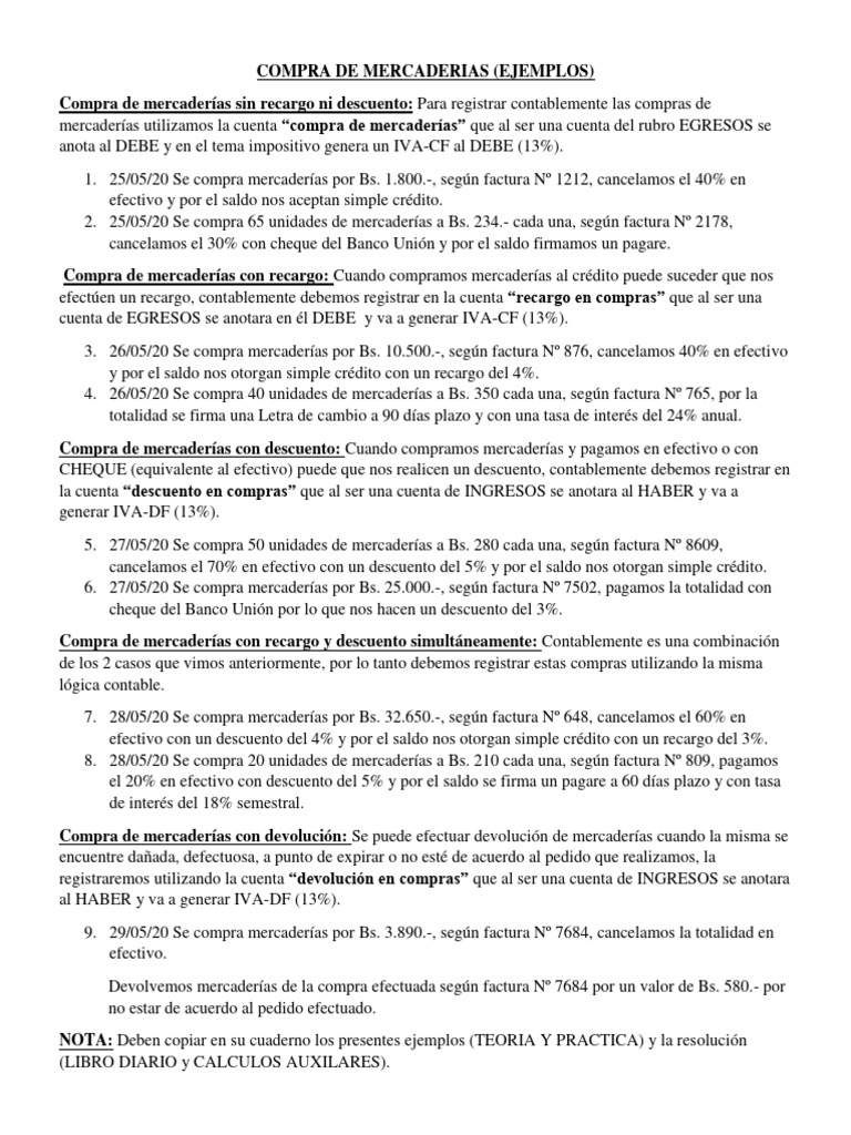 Compra De Mercaderias Ejemplos Pdf Dinero