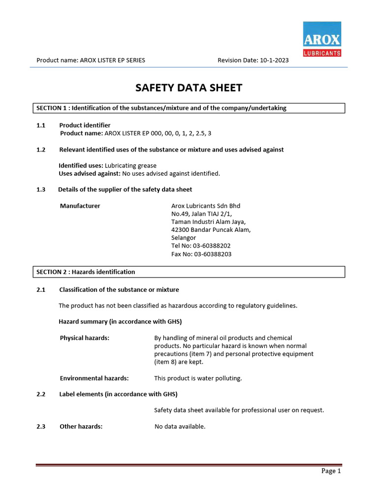 AROX LISTER EP Series Safety Data Sheet | PDF | Chemistry ...