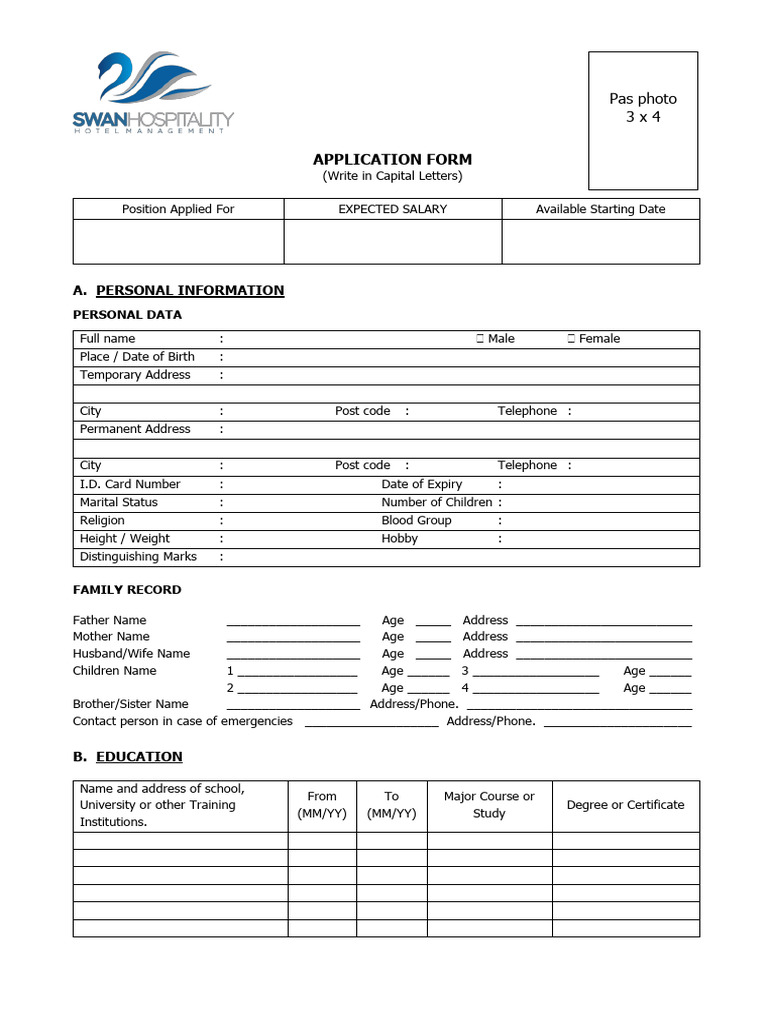 Swan Hospitality Application Form | PDF