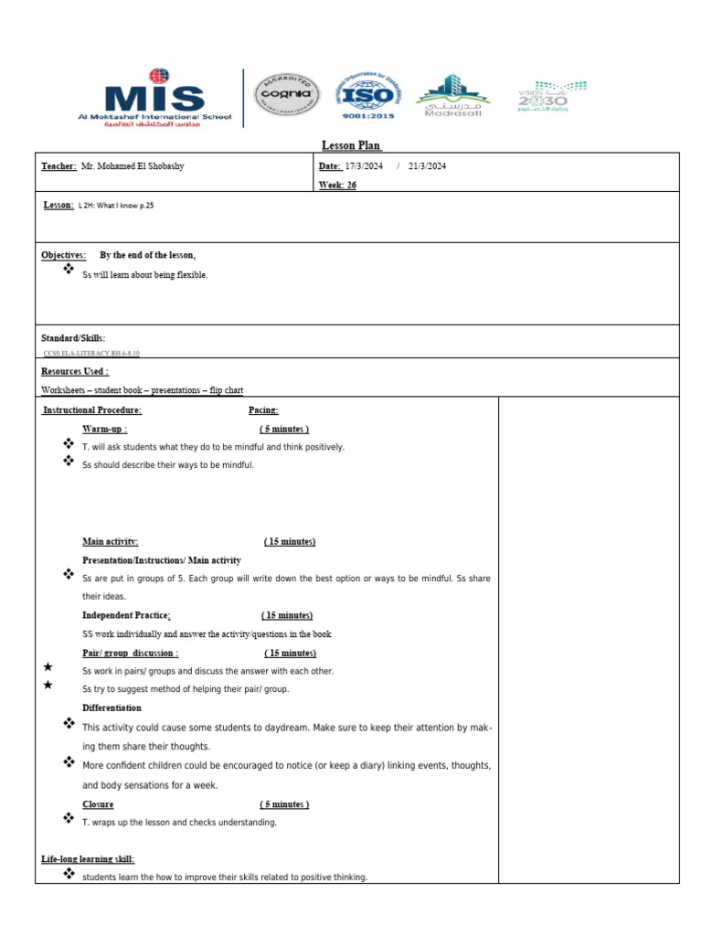 Week 26 Wellbeing Lesson Plan - Grade 6 | PDF