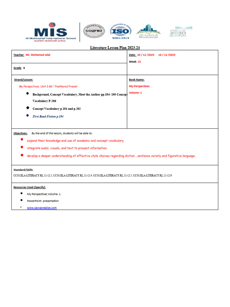 Grade 6 Literature Lesson Plan | PDF | Reading Comprehension | Vocabulary