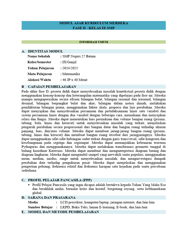 Modul Ajar Matematika Kelas IX SMP | PDF