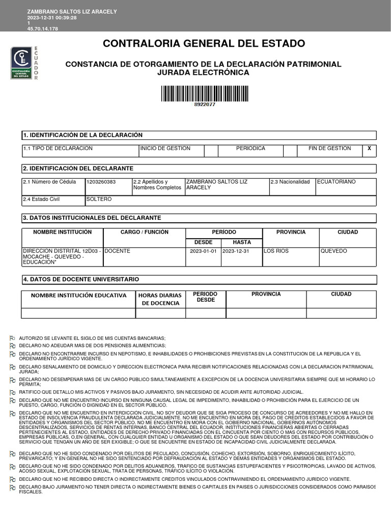 Declaración Patrimonial Jurada 2023 | PDF | Estado (política)