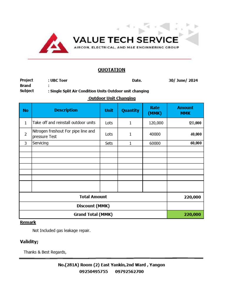 Outdoor Unit Replacement Quotation | PDF | Technology & Engineering
