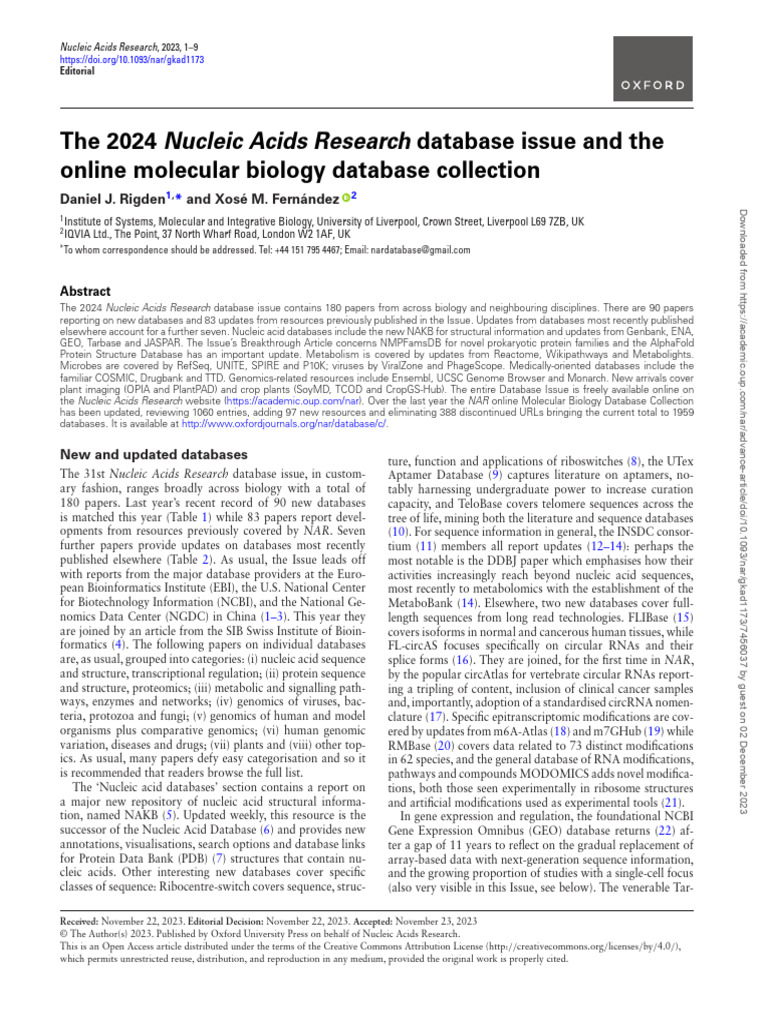 The 2024 Nucleic Acids Research Database Issue and | PDF | Gene | Gene ...