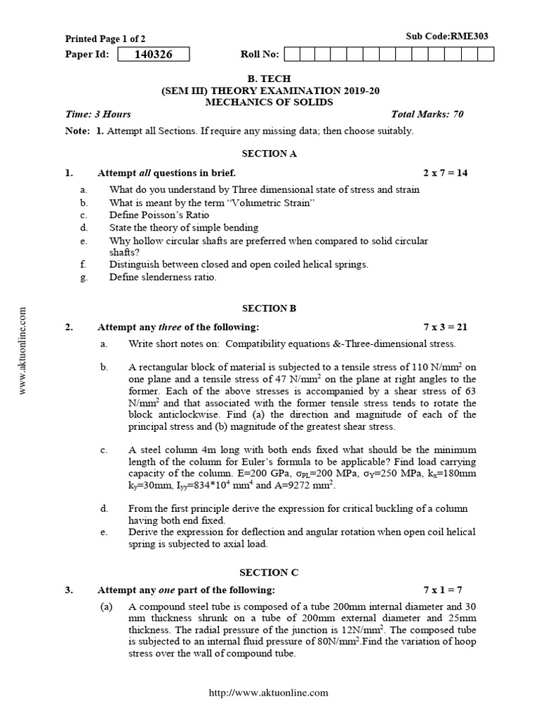 Btech Me 3 Sem Mechanics of Solids Rme303 2020 | PDF | Stress ...