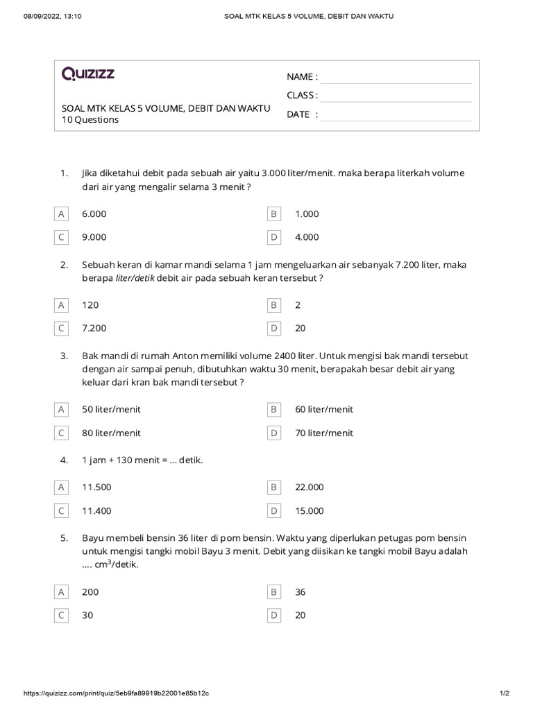 Soal Matematika Kelas 5: Debit dan Volume | PDF