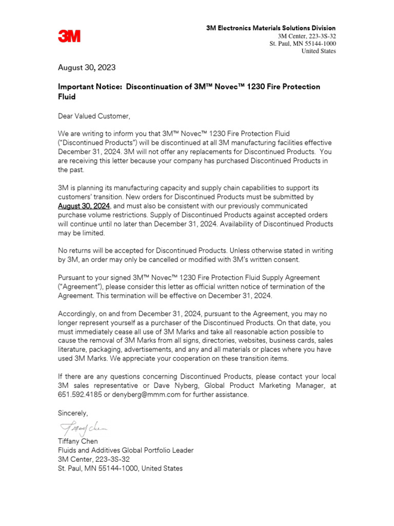 Product Discontinuation Notice Novec 1230 Fire Protection Fluid | PDF ...
