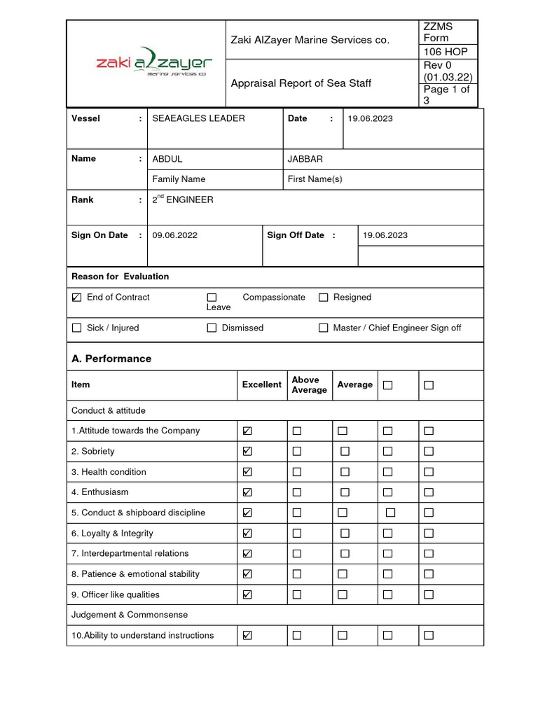 Sea Staff Appraisal Report: 2nd Engineer | PDF | Leadership | Psychology