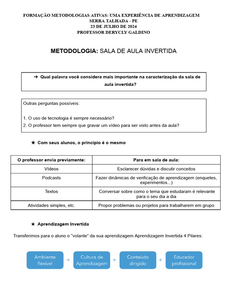 Sala de Aula Invertida: Metodologia Ativa | PDF | Aprendizado | Lição