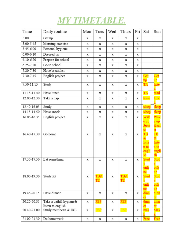 Weekly Daily Routine Timetable | PDF | Meal | Eating Behaviors Of Humans