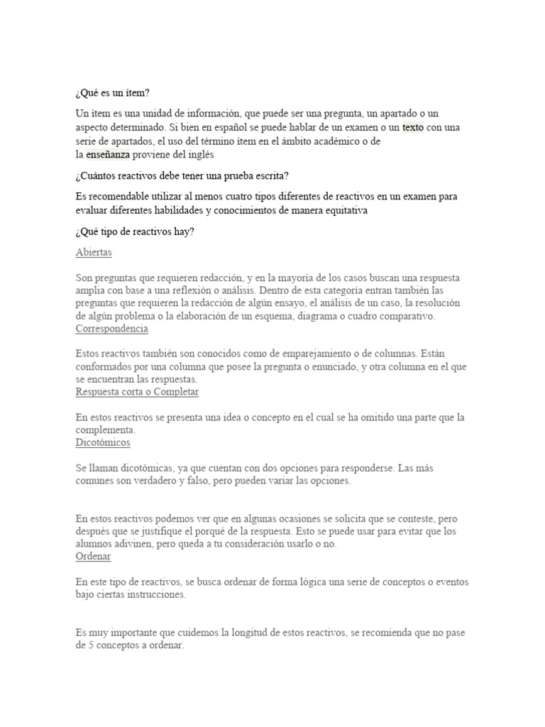 Definición y tipos de ítems en evaluación | PDF | Evaluación | Inteligencia