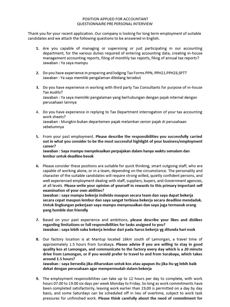 Accountant Pre-Interview Questionnaire | PDF | Accounting | Business
