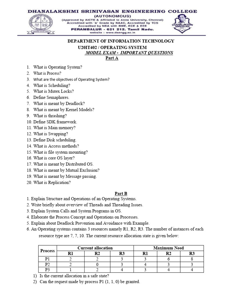 U20it402 Os Model Exam Important Questions | PDF | Process (Computing ...