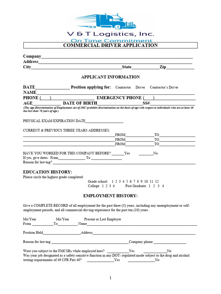 Commercial Driver Application Form | PDF | Driver's License | Semi ...
