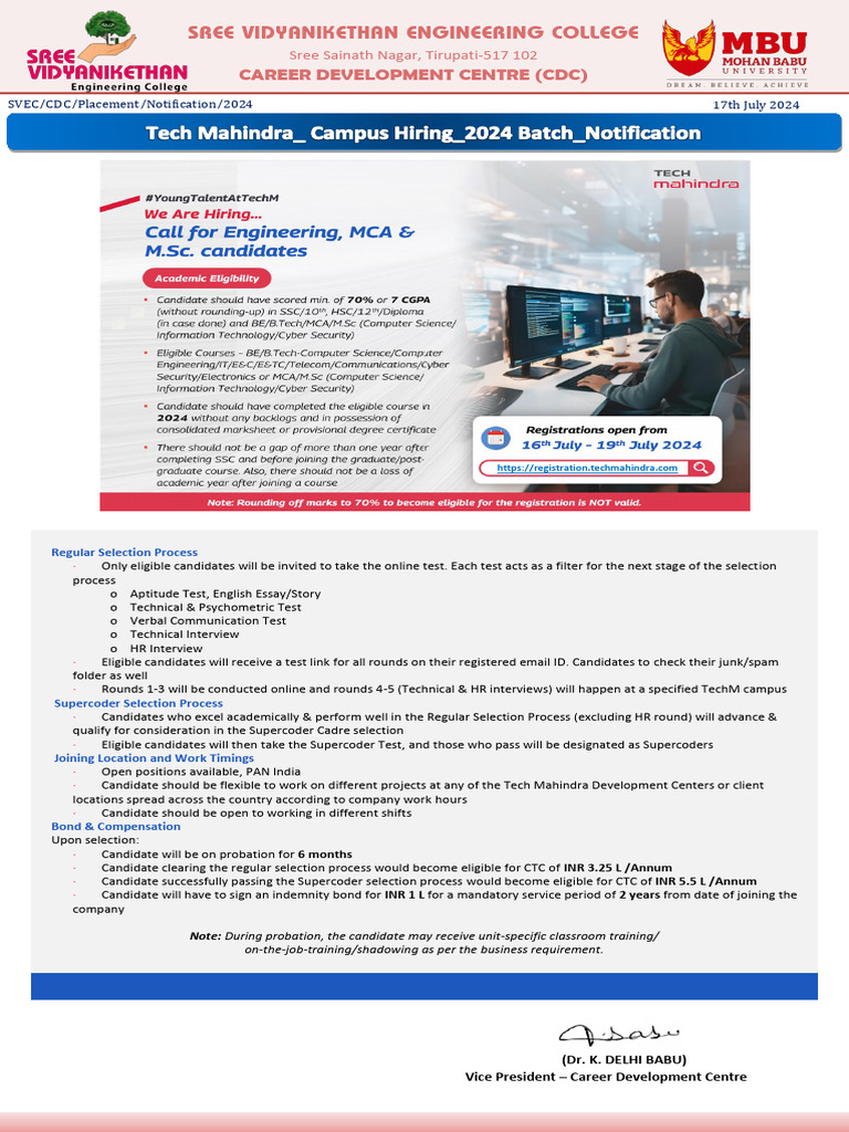 Tech Mahindra Campus Hiring 2024 Batch Notification Pdf