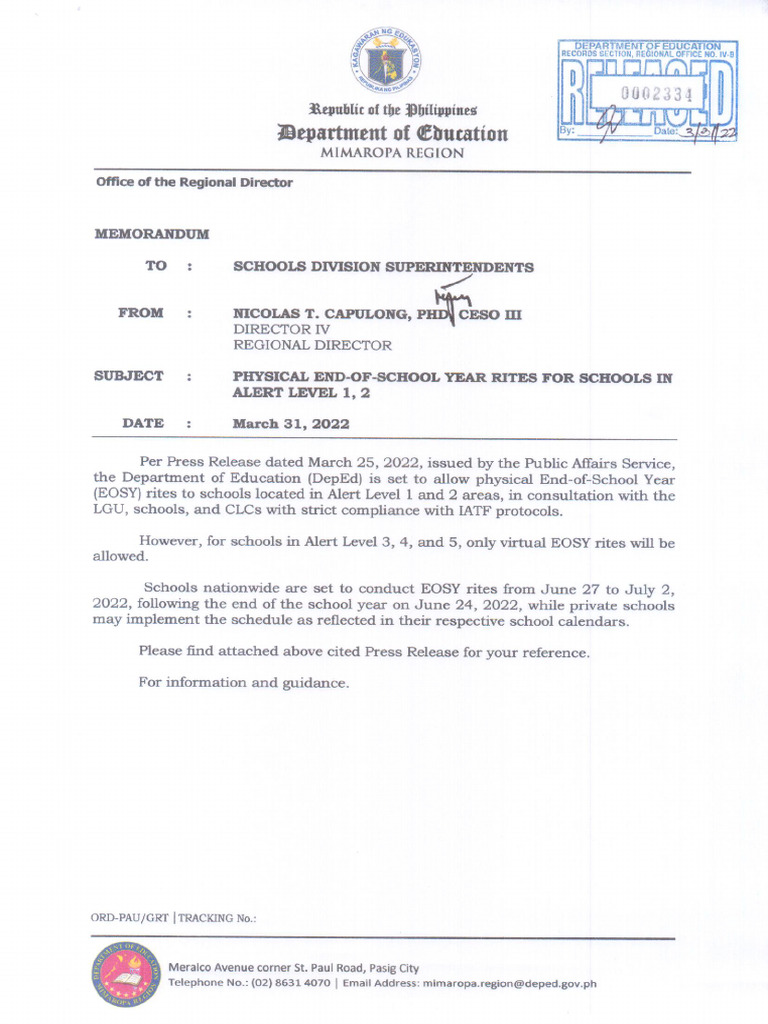 Physical End Of School Year Rites For Schools In Alert Level 1 2 Pdf