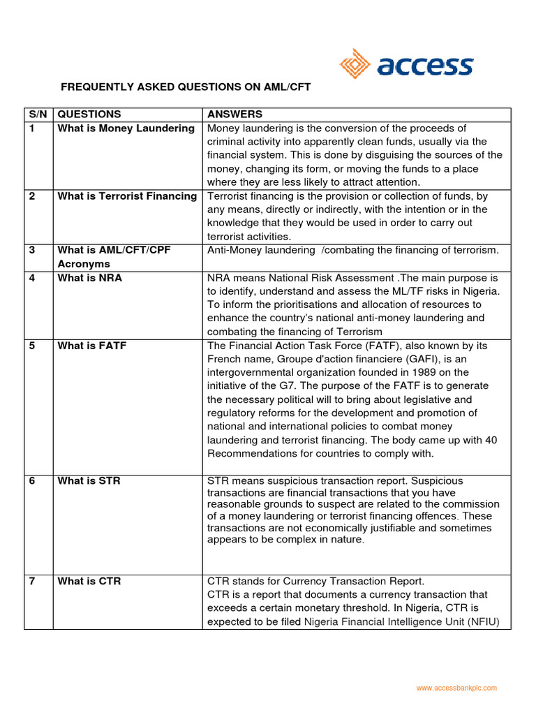 FREQUENTLY ASKED QUESTIONS ON AML CFT - CBN EXAMINATION Updated | PDF ...