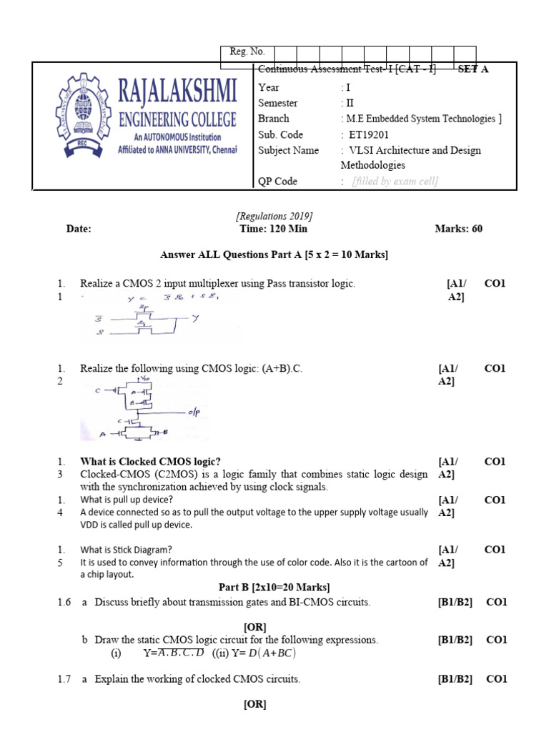 Cat I Et19201 Vlsi Design Set B Answer Key | PDF | Logic Gate | Cmos