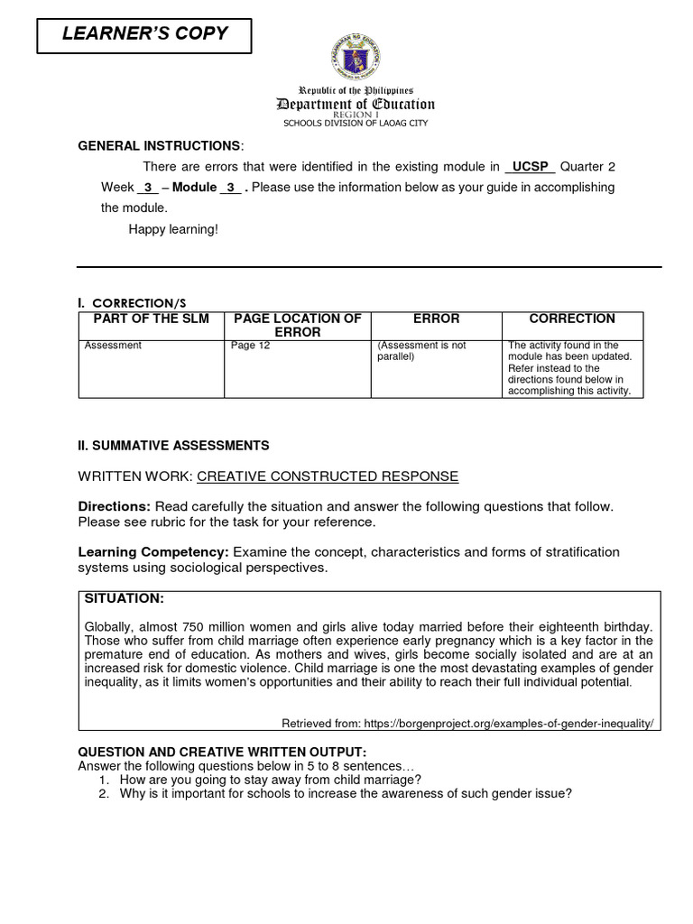 Summative assessment q2 week 3 pdf learning child marriage